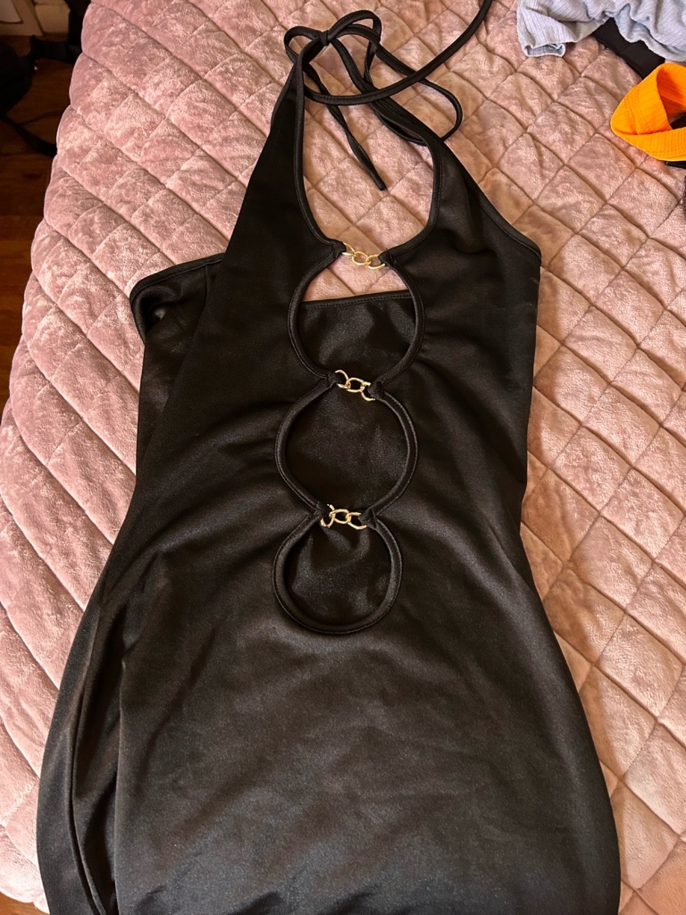 Black Halter Cutout Mini Dress with Ring Accents